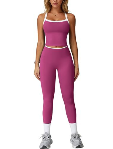 2 Piece Workout Sets for Women Seamless Straps Cross Back Tank Tops Matching High Waist Tummy Control Leggings Set Womens Two Piece Athletic Set Gym Wear Active Yoga Outfit Colorblock Rose Red M | Amazon (US)