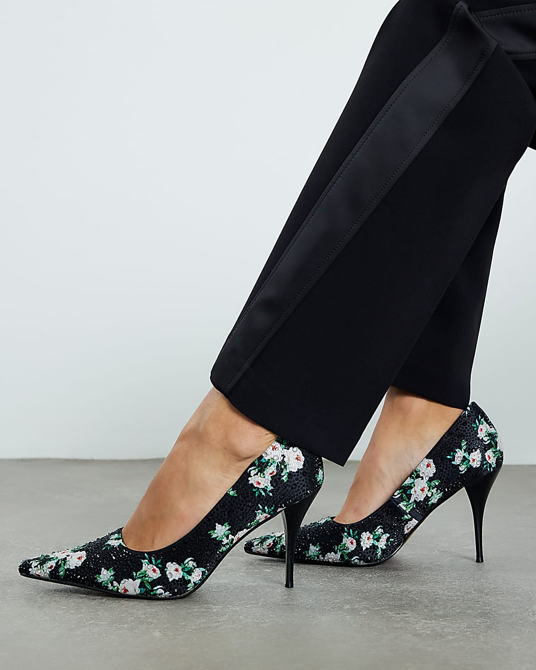 Black Satin Floral Diamante Court Heels | River Island UK & IE