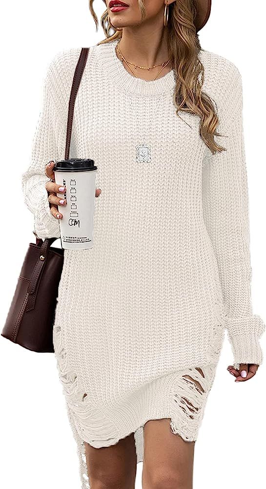 Women Oversized Loose Long Pullover Sweater Dress Winter Knit Ripped Jumper Tops | Amazon (US)