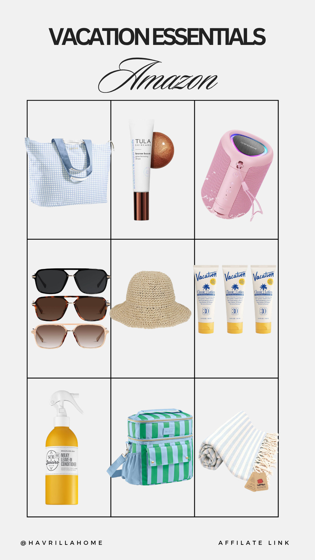 Amazon Vacation Essentials, vacation essentials, Amazon travel finds, beach bag, portable speaker, bronzing drops, sunscreen essentials, travel accessories, beach towel, sun hat, sunglasses, leave in conditioner, travel cooler bag, summer travel must haves, vacation packing list, Amazon favorites

#LTKSeasonal #LTKSwim #LTKTravel
