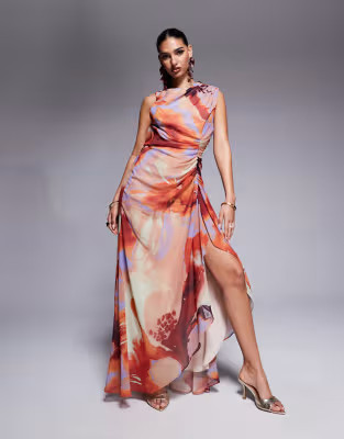 ASOS DESIGN gathered waist ruffle maxi dress with open back in abstract print | ASOS | ASOS (Global)