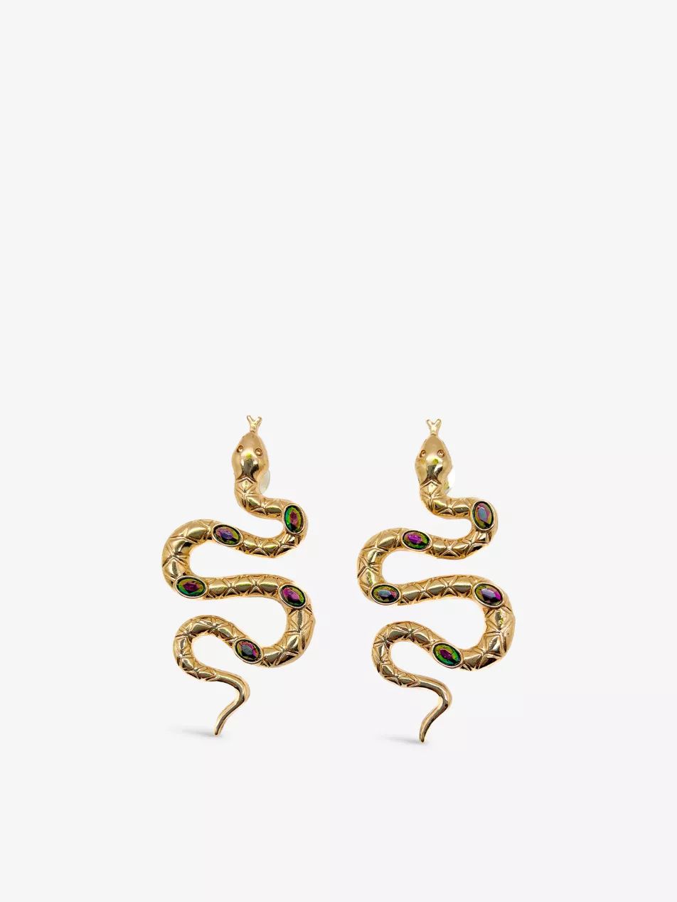 Pre-loved gold-tone metal and crystal snake earrings | Selfridges