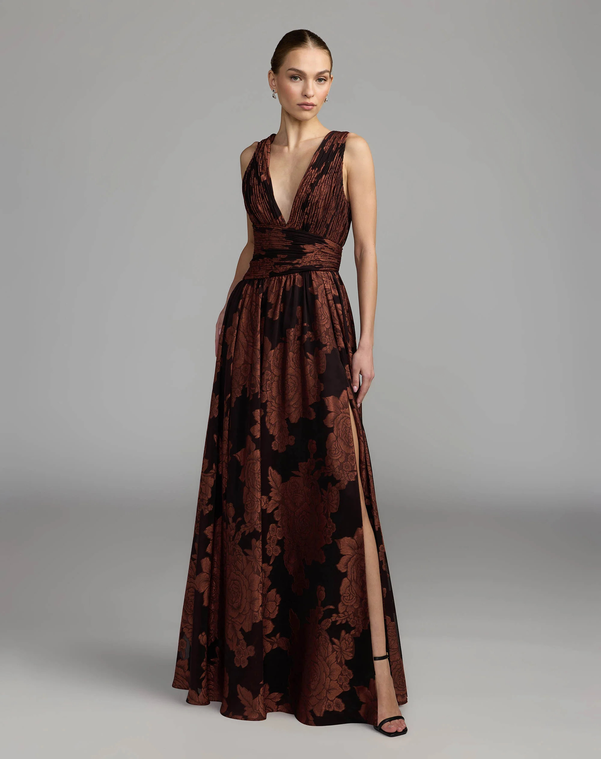 Brown Floral Sleeveless Plunge Neck Gown | Mac Duggal | Mac Duggal