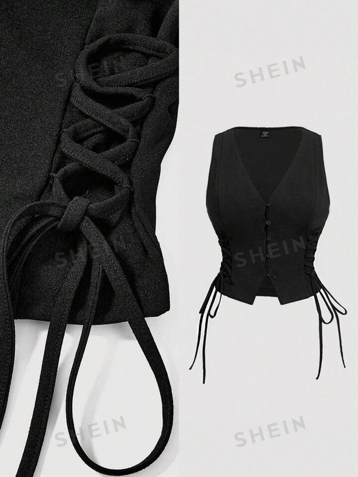 SHEIN MOD Black Plus Size Tank Top Type Tank Top With Waist Side Tie Closure For Women | SHEIN