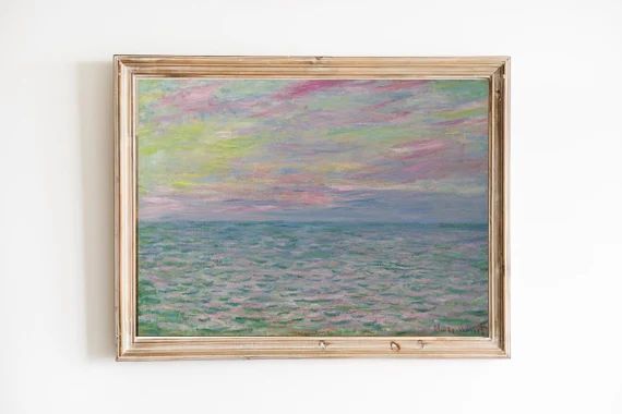 FREE SHIPPING - Purple Sky Seascape Vintage Oil Painting - Impressionism Ocean During Sunset Art ... | Etsy (US)