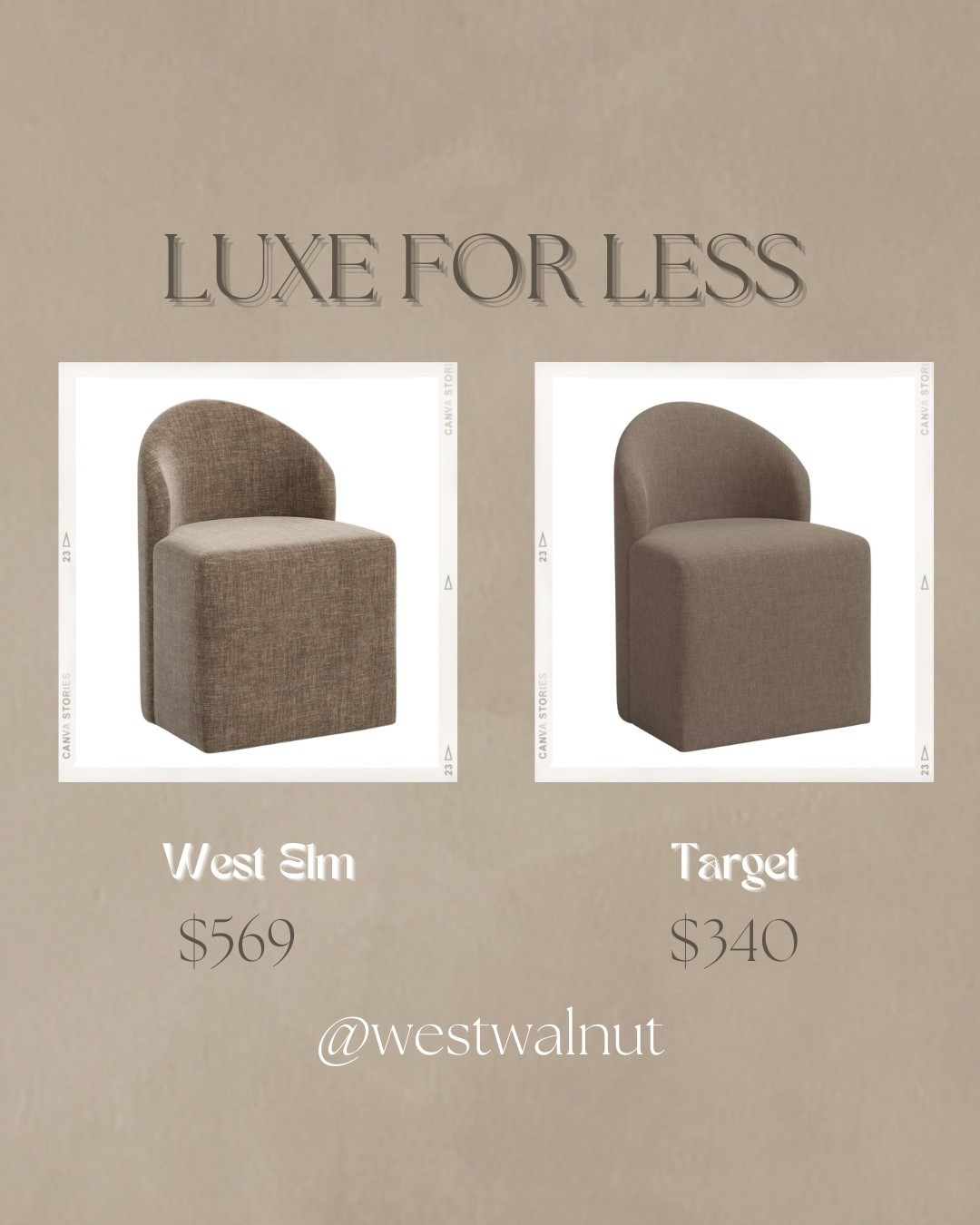 On the left is the Noosa Upholstered Dining Chair from West Elm. It is constructed with a solid rubberwood frame. 
Featured Fabric - Mocha, Distressed Velvet
Dimensions: 32” (H) x 23” (W) x 23” (D)

On the right is the Ella Tub Upholstered Dining Chair - Threshold™ from Target. This chair is constructed with a wood chair.
Featured Fabric - Performance Textured Weave Driftwood
Dimensions: 32” (H) x 23” (W) x 23” (D)

#affordablefurniture #dupe #diningchair #luxeforless #furnituredupe #chairdupe

#LTKHome