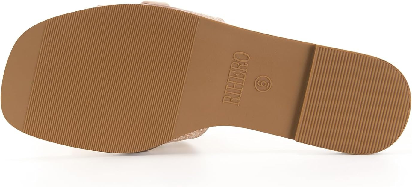 Rihero Women's Flat Sandals Summer Comfortable Square Open Toe Slip On Leather Slide Sandals | Amazon (US)