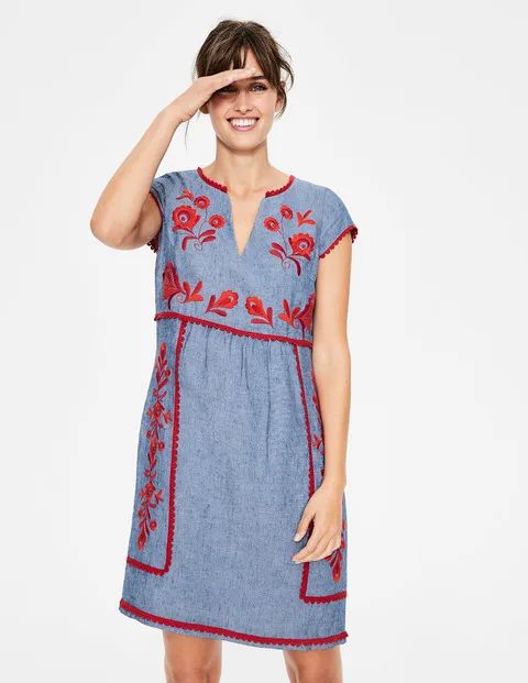 Bea Linen Embroidered Dress Chambray & Red Pop Embroidery Women Boden | Boden (US)
