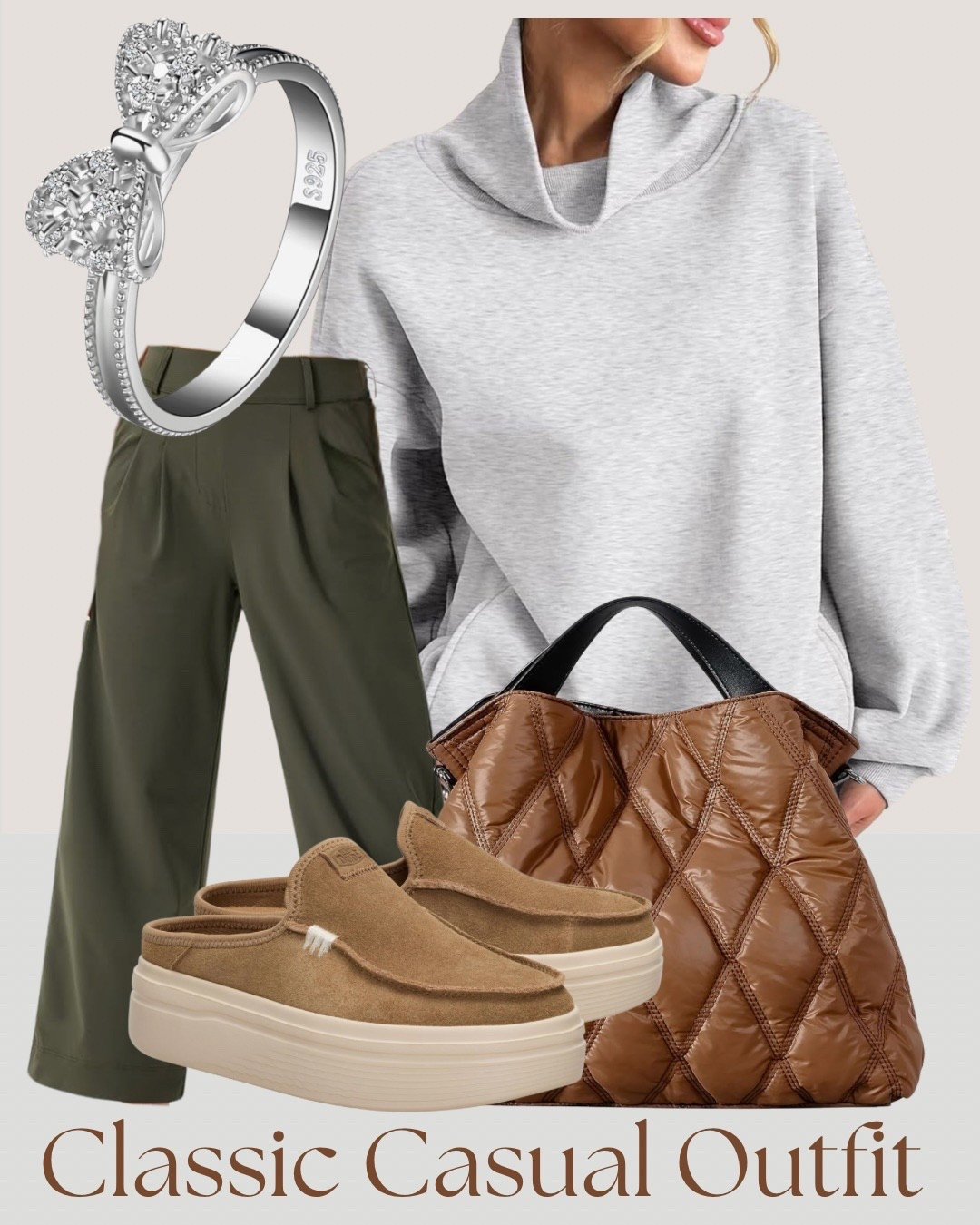 Classic casual outfit with wide leg olive pants and a relaxed gray hoodie. The quilted tote and platform slip ons add that little extra detail that makes basics feel elevated without trying too hard.

#classicstyle #casualoutfit #springbasics #ltklook

#LTKootd