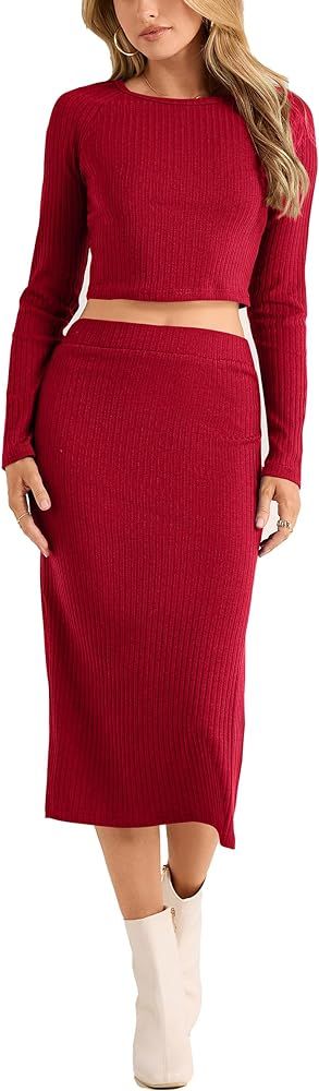 PRETTYGARDEN Women's 2024 Fall 2 Piece Outfits Tracksuit Rib Knit Crop Tops And Slit Midi Bodycon... | Amazon (US)