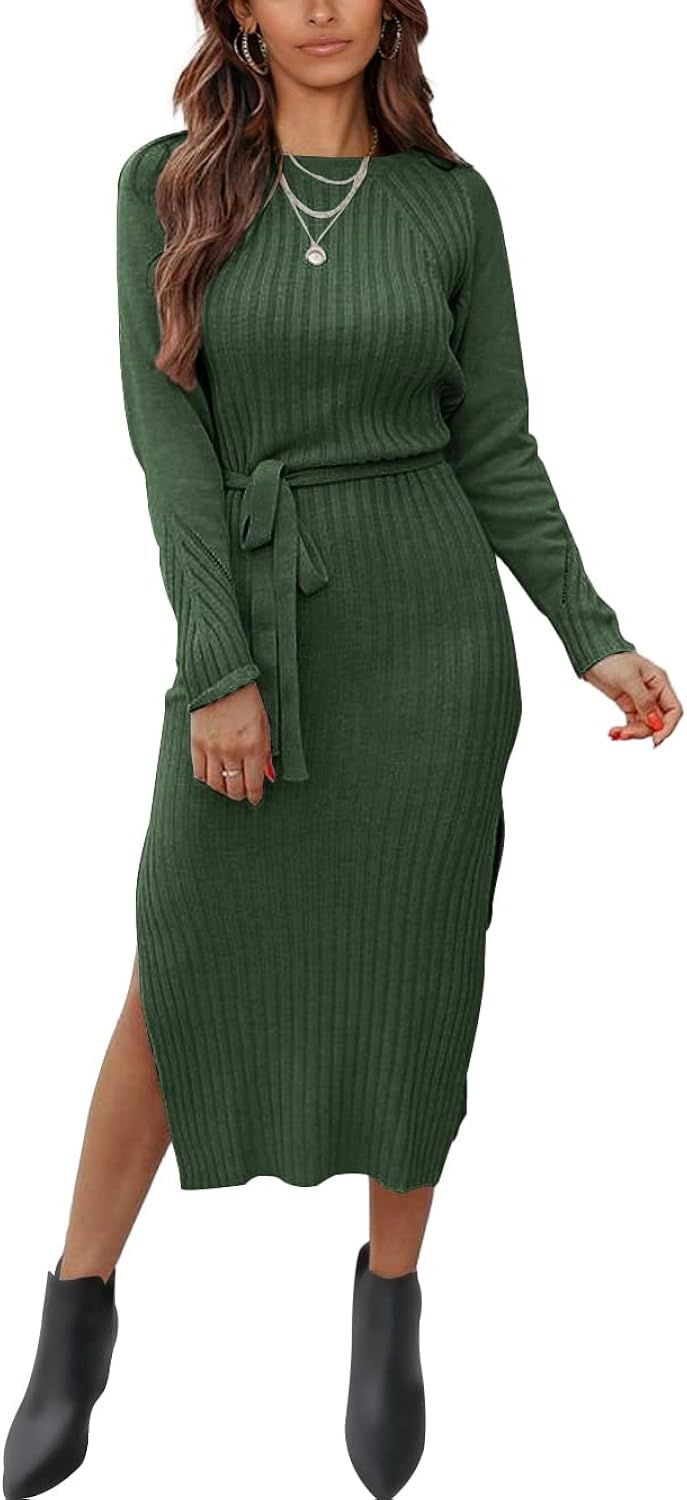 PRETTYGARDEN Women's Long Sleeve Crewneck Two Side Slit Tie Waist Slim Fit Sweater Dress Ribbed Knit | Amazon (US)