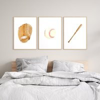 Watercolor Baseball Print Set, Sport Art Prints, Baseball Bat, Ball & Mitten Print, Room Decor, Sports Nursery Art, Decor | Etsy (US)