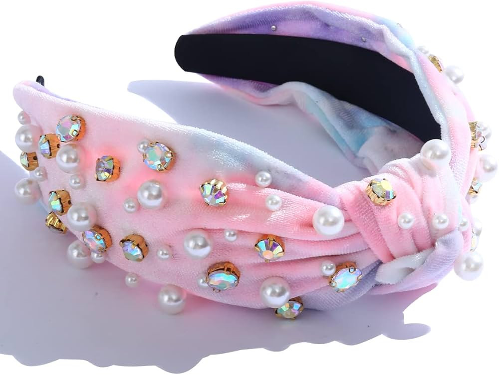 Knotted Headbands for Women Pearl Rhinestone Crystal Embellished Pink Green Velvet Fashion Elegan... | Amazon (US)