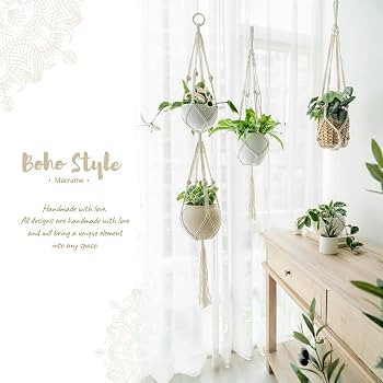 Mkono Macrame Double Plant Hanger Indoor Outdoor 2 Tier Hanging Planter Basket Cotton Rope with B... | Amazon (US)