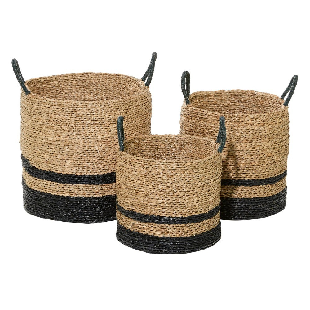 Olivia & May 15""x17""x18"" Set of 3 Natural Woven Striped Round Seagrass Baskets with Handles Black | Target