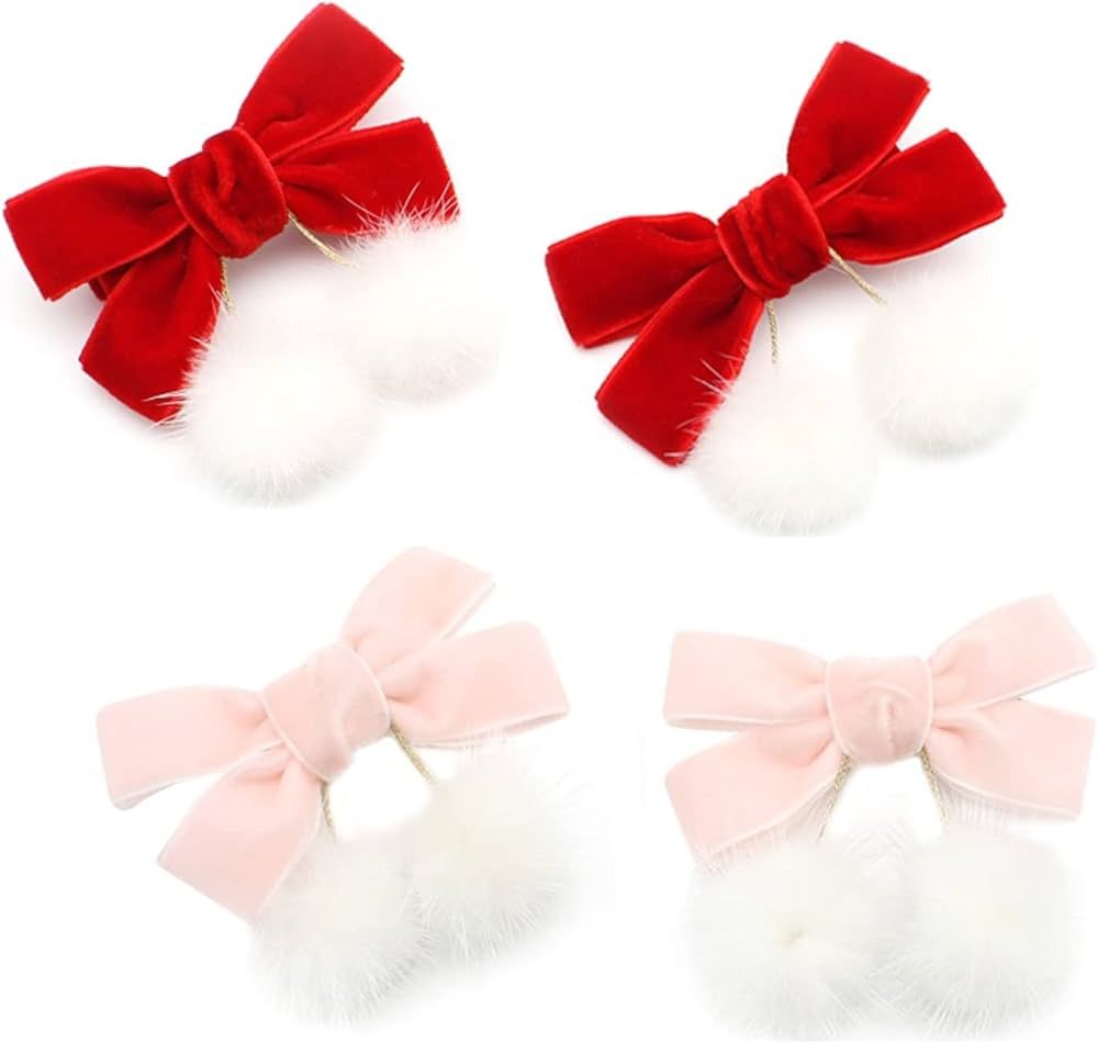 4 Pieces Christmas Red Baby Girls Chinese Style Hairy Furry Balls Velvet Bows Tassels Hair Clips ... | Amazon (US)