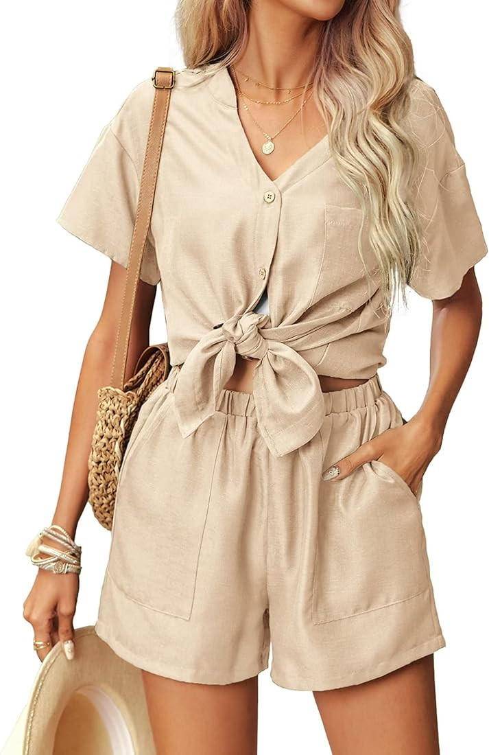 Ekouaer Womens Hawaiian 2 Piece Outfit Short Sleeve Button Down Shirt and Shorts Tracksuit Lounge... | Amazon (US)