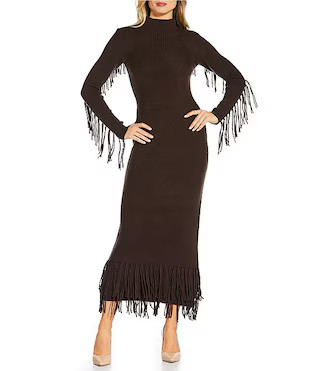 Every Ribbed Knit Mock Neck Long Sleeve Criss Cross Bodycon Tiered Fringe Maxi Sweater Dress | Di... | Dillard's