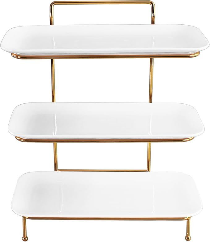 3-Tier Service Plates Stand, with 3 Pcs 12.2 Inch Ceramic Plates and Foldable Sturdy Gold Stand, ... | Amazon (US)