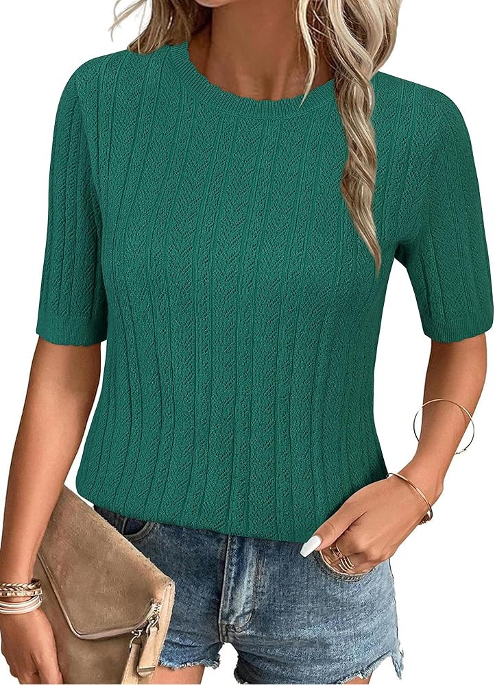 Arach&Cloz Women's Spring Summer Scalloped Short Sleeve Tops Textured Shirts | Amazon (US)