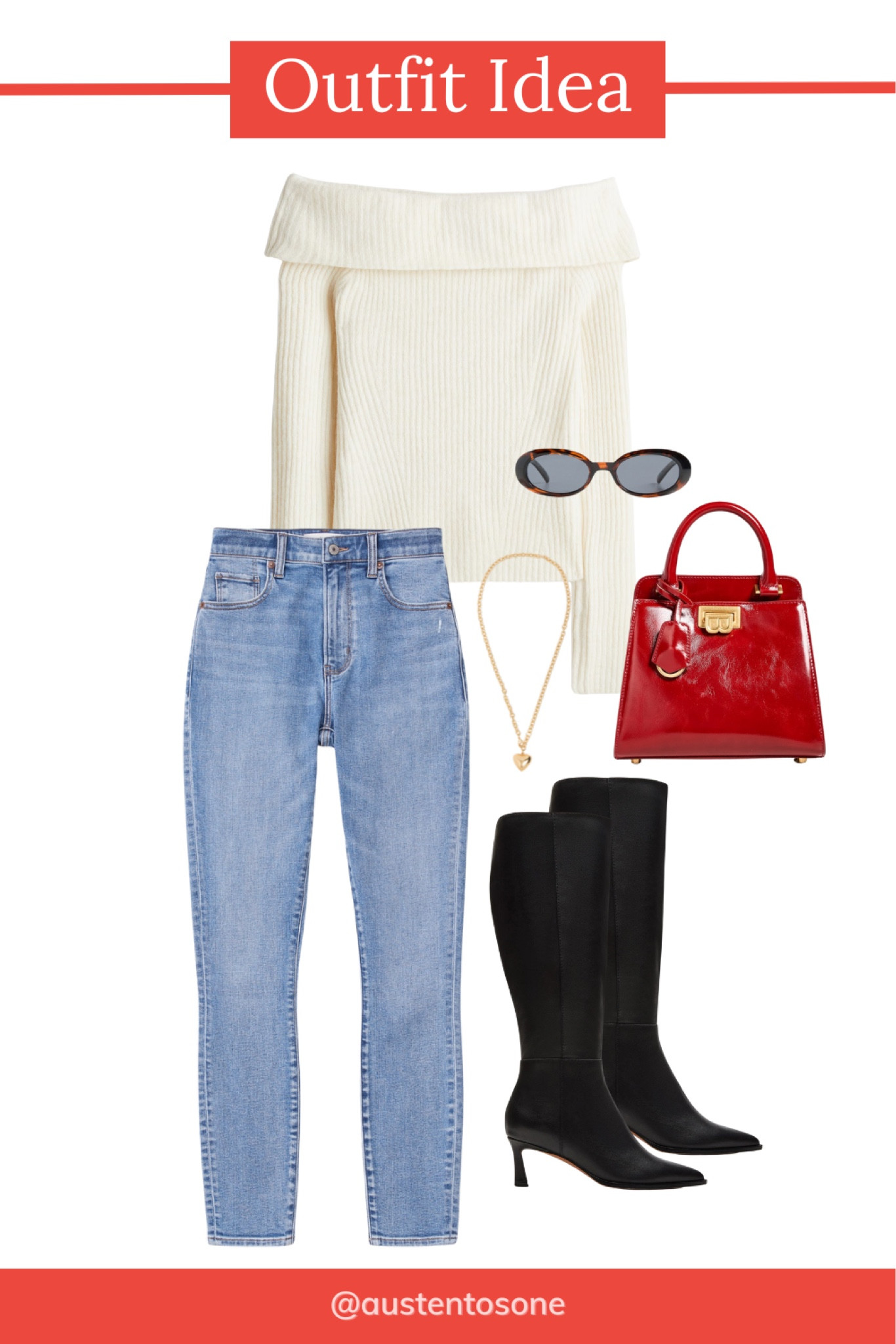 For a classic fall look, pair your favorite skinny jeans with sleek black tall boots and an off-shoulder sweater. The tall boots elongate the legs while the red bag adds a pop of color for a fun, fashion-forward detail. Perfect for weekend outings or casual dates, this outfit is an easy way to stay comfortable and stylish all season long.

#LTKShoeCrush #LTKStyleTip