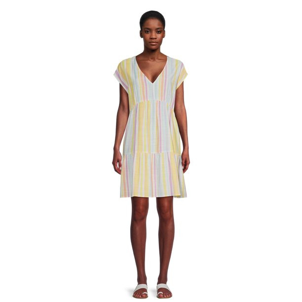Time and Tru Women's Woven Print Dress with Flounce Hem | Walmart (US)
