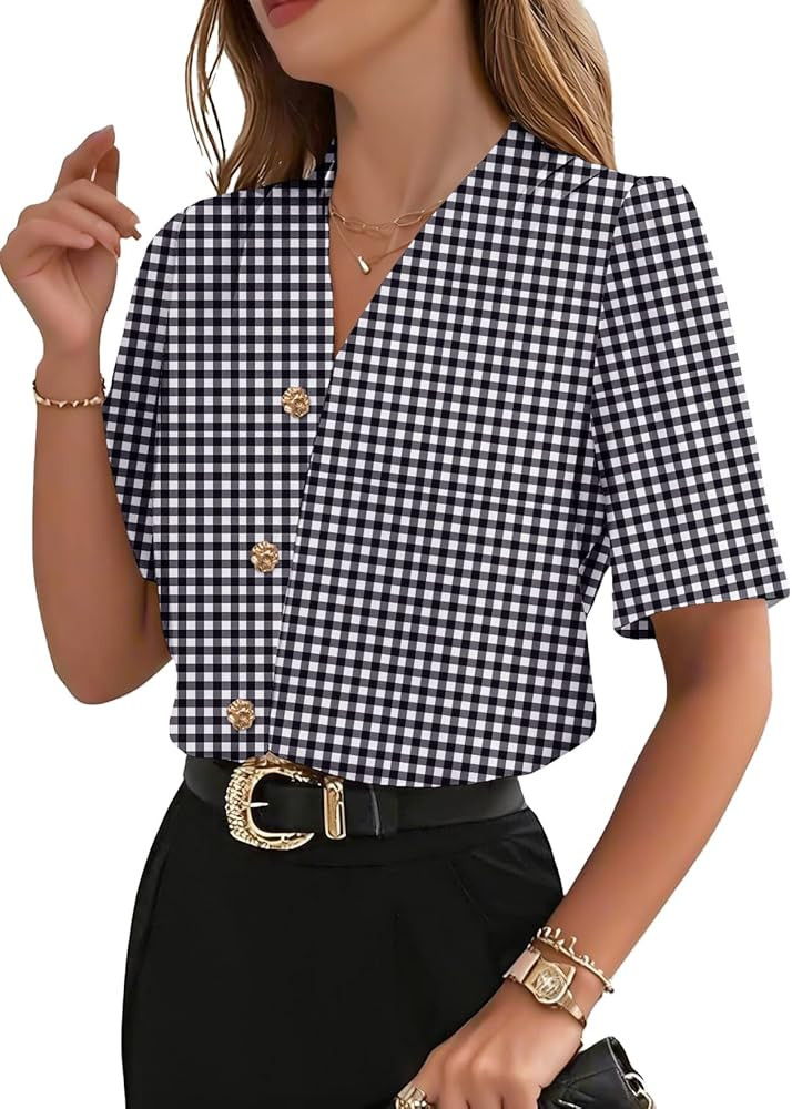 EVALESS Blouses for Women Dressy Casual Summer Short Sleeve Button Down Shirts Business Work Tops | Amazon (US)