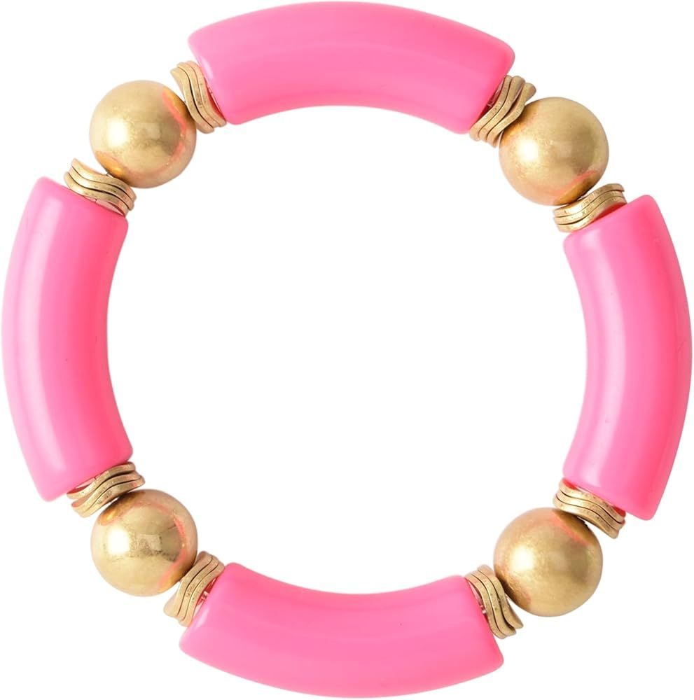 LALAPPLE Gold Plated Beaded Acrylic Bamboo Tube Bangle Bracelets for Women, Colorful Chunky Curve... | Amazon (US)