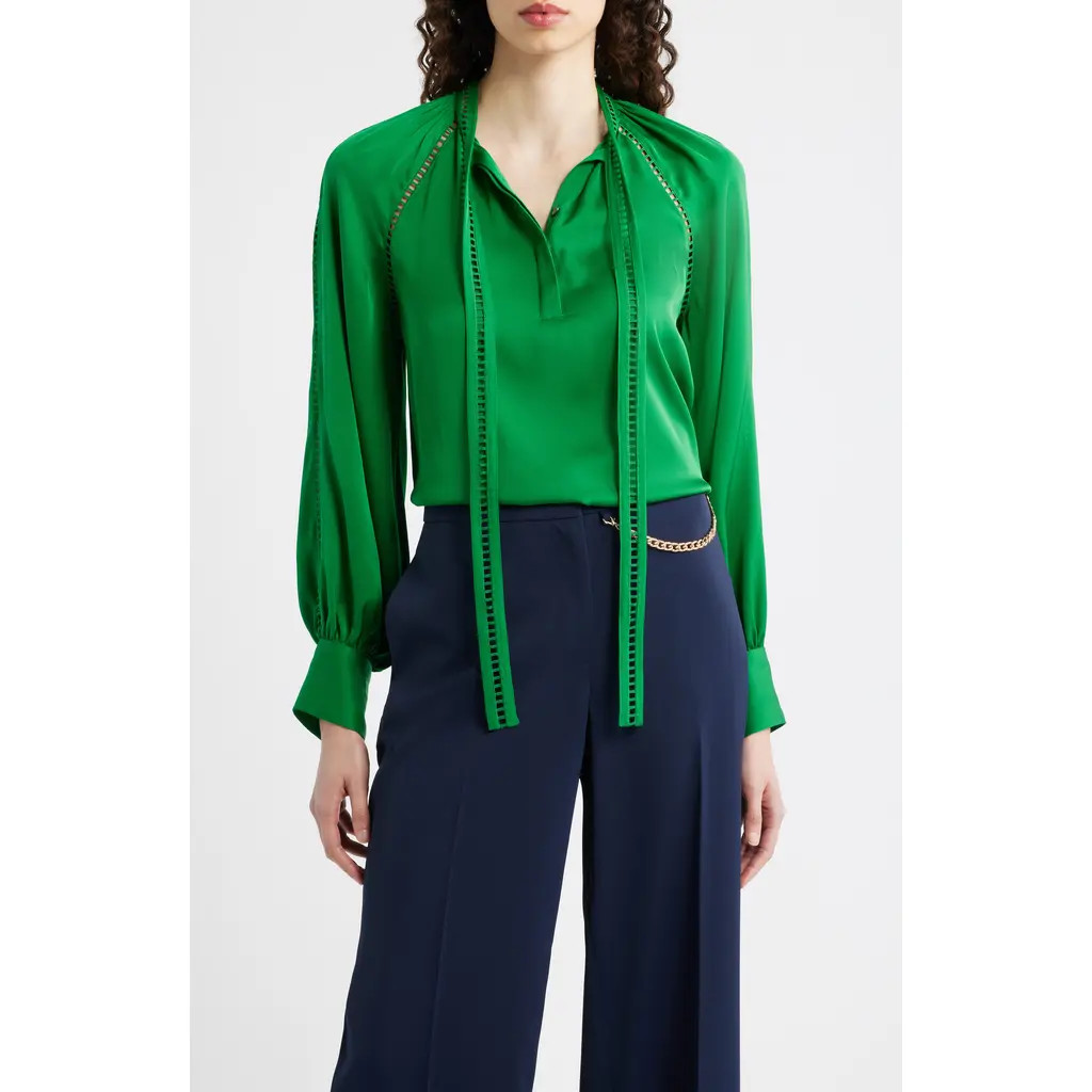 Elie Tahari The Angie Tie Neck Stretch Silk Top in Green Lark at Nordstrom, Size Medium | Nordstrom