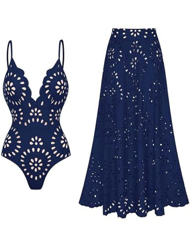 FLAXMAKER Women's One Piece Bathing Suit Petal Hollow V Neck Swimsuit and Skirt(Blue,L) | Amazon (US)