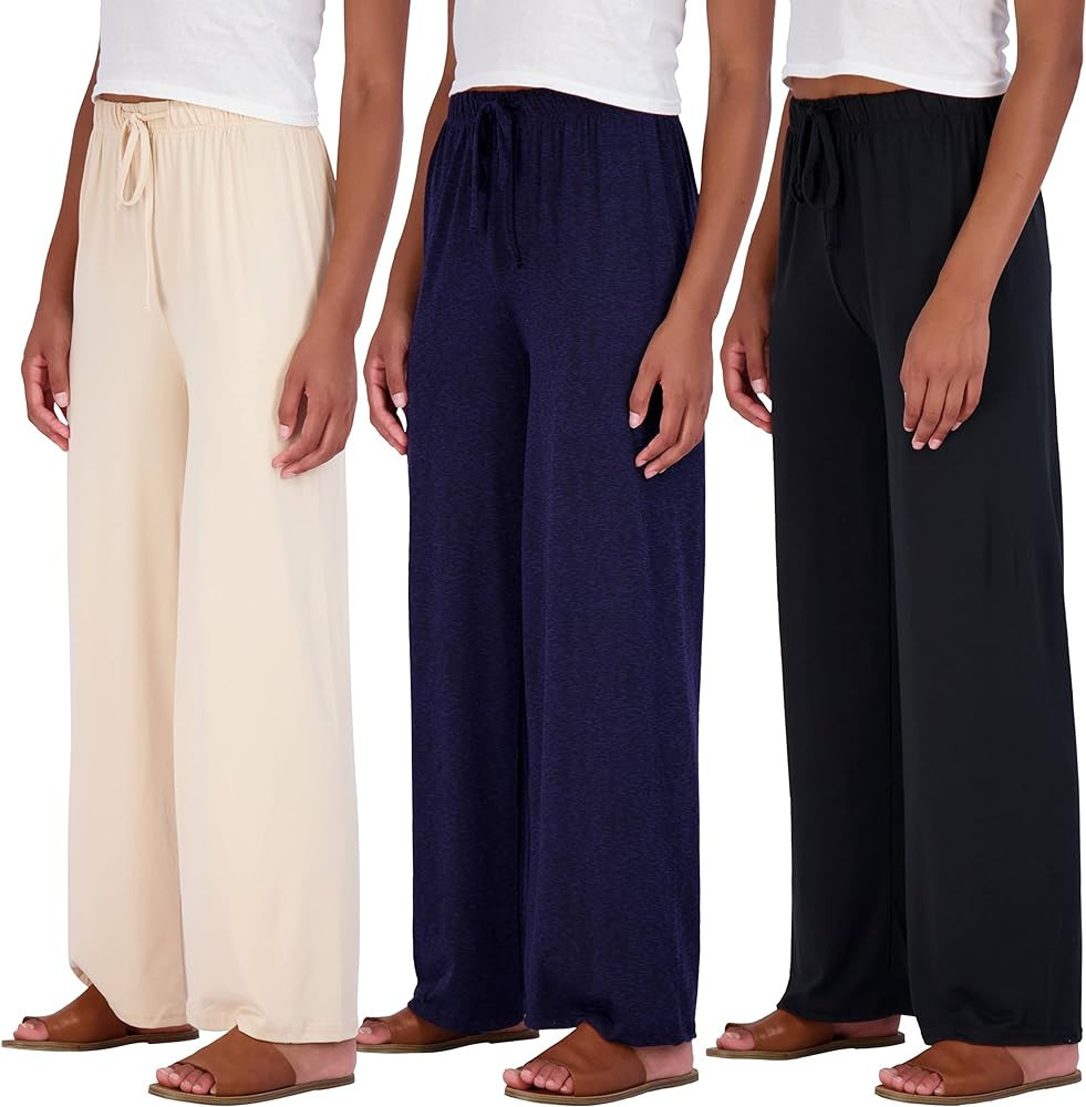 Real Essentials 3 Pack: Women's Wide Leg Palazzo Lounge Pants Drawstring - Loose Casual Pajama Pa... | Amazon (US)