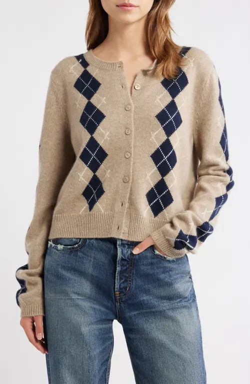 Reformation Clara Cashmere Crew Cardigan in Oatmeal Navy Argyle at Nordstrom, Size Medium | Nordstrom