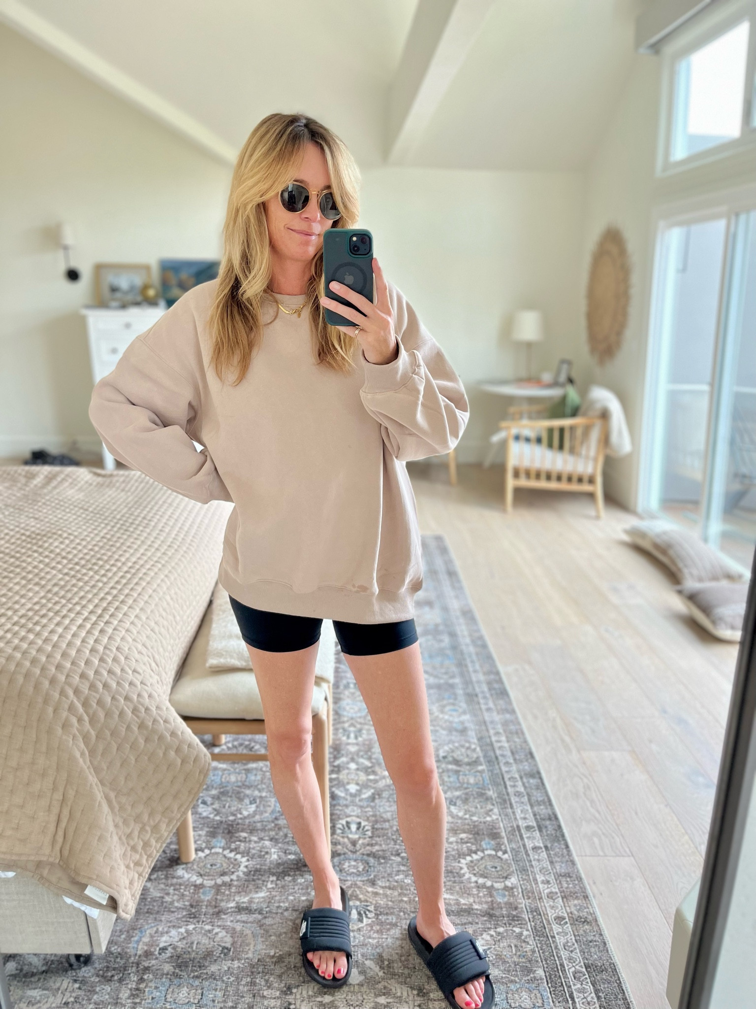 Road trip ready ✌🏼 
Biker shorts,  oversized sweatshirt, best slides in all of the land.   

Sized up two sizes to large in sweatshirt!! I’m 5’11  