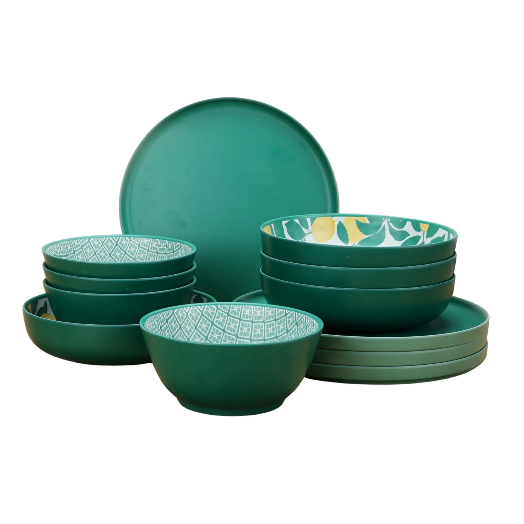 Mainstays by Becky G. & Alejandra Bamboo Melamine 12-Piece Dinnerware Set, Lemon & Green | Walmart (US)