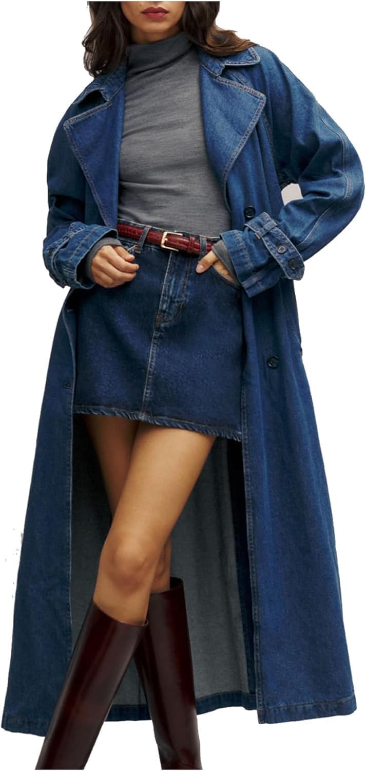 Women's Denim Trench Coat Double Breasted Jean Midi Overcoat Classic Lapel Long Jackets With Belt 2026 Spring Fashion | Amazon (US)