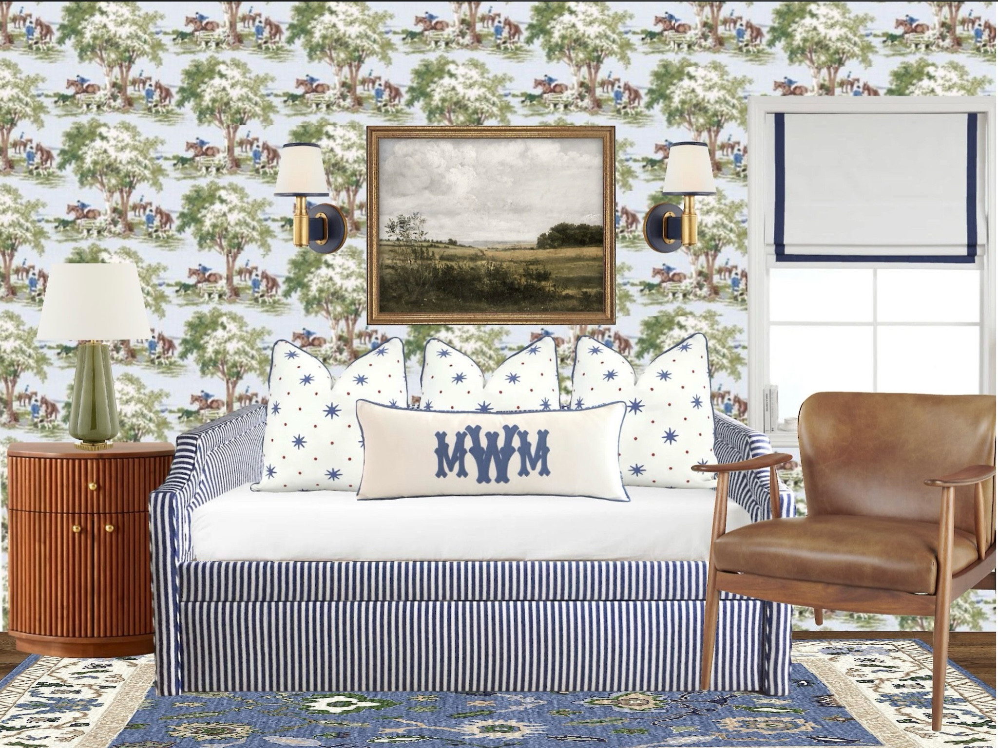 Fox hunt. Boys room. Upholstered daybed. Green lamp. Preppy. Grandmillennial. Big Boy room. Sister Parish. Monogrammed pillow. Vintage art. Wall sconce. Roman shade. Leather chair. Oushak rug. Wallpaper. Equestrian.

#LTKKids #LTKHome #LTKFamily