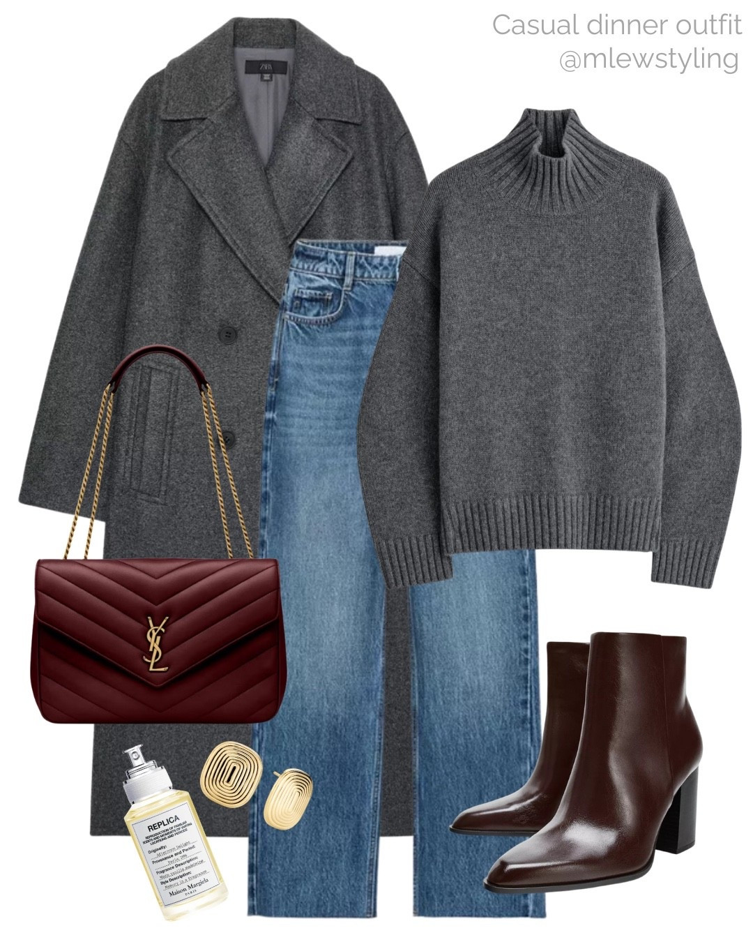 Winter outfit for a casual dinner 🩶

Tags: Zara grey coat, straight leg jeans, cashmere turtleneck sweater, burgundy ankle boots, burgundy yves saint Laurent bag, Mejuri earrings, replica perfume, holiday outfit, casual workwear 

#LTKWorkwear #LTKHoliday #LTKootd