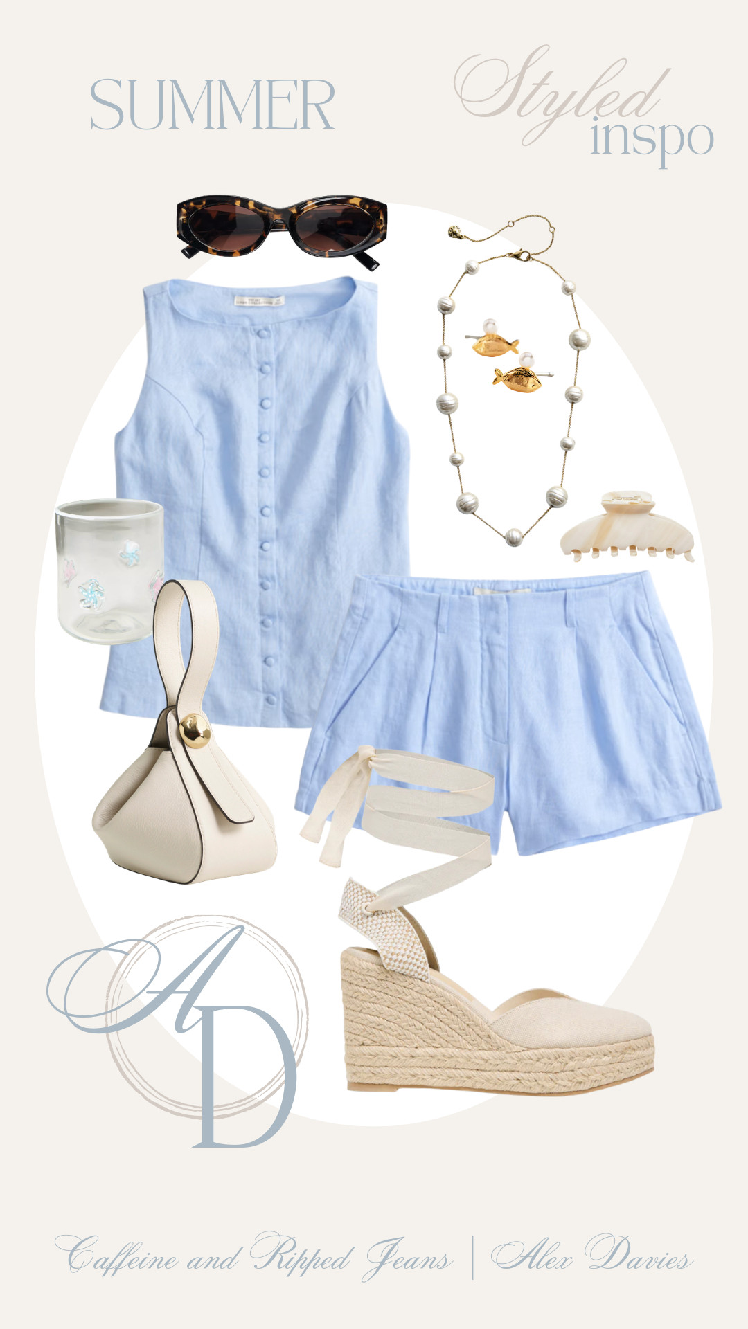 // linen set // blue linen set for summer // micro shorts // linen vest // pearl necklace // summer outfit inspo // summer outfits // linen wedges // wrap wedges // wristlet // icon juice glass // sunglasses // icon posts // 

 #LTKxAbercrombie #LTKootd #LTKSeasonal