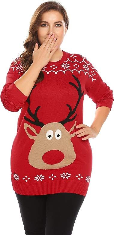 Women Plus Size Ugly Christmas Sweater Reindeer Knitted Sweatshirt Pullover | Amazon (US)