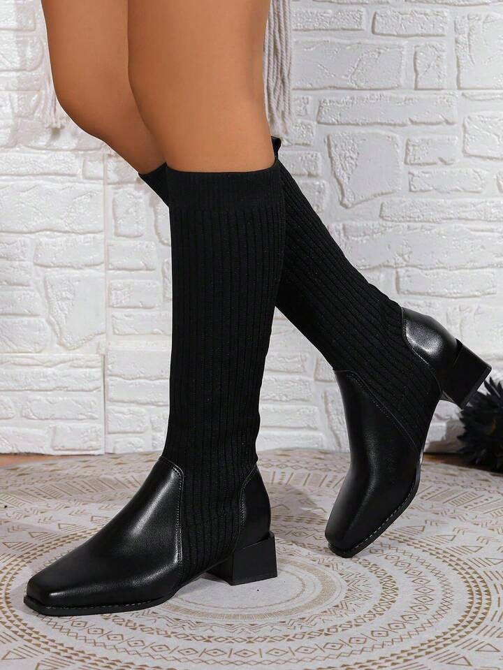 Trends2023 Vintage Elastic Knit Thigh High Boots For Women, Chunky Mid Heel Stretch Sock Boots, F... | SHEIN