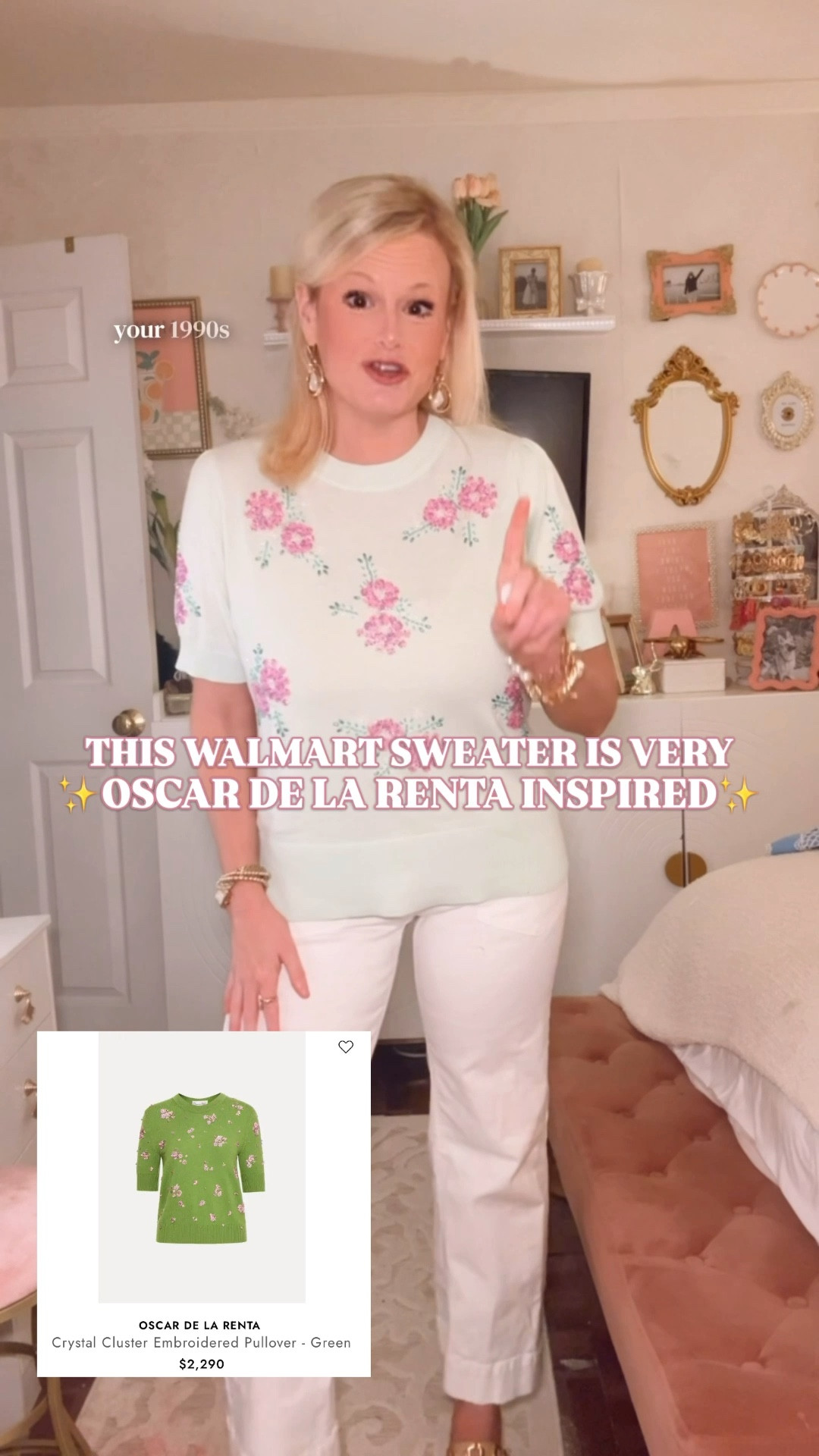 Walmart sweater, Oscar de la Renta inspired sweater, designer sweater look for less, spring sweater women, floral sweater women, work outfit women, teacher outfit, preppy style

This Walmart sweater is very Oscar de la Renta inspired without the $2,290 designer price tag.

The beaded floral details are what make it feel special. The soft mint color, pink floral embroidery, scattered beadwork, short puff sleeves, and polished crewneck shape give it that expensive spring knit look women usually find from designer brands — but this one is Walmart.

I sized up to a large for a roomier fit. Available in 3 colors.

The fabric is 60% cotton and 40% modal, so it is lightweight, breathable, soft, and easy for spring and summer. It has enough polish for work outfits and teacher outfits, but still feels pretty and comfortable for everyday wear.

Why it works:
✨ Oscar de la Renta inspired look
✨ beaded floral details
✨ short puff sleeves
✨ lightweight spring sweater
✨ cotton modal blend
✨ breathable for warm weather
✨ 3 colors
✨ Walmart price tag

Style it with white denim, trousers, jeans, skirts, flats, sandals, or gold jewelry. It instantly makes a simple outfit look more feminine, polished, and expensive.

This is such a strong find for work outfits, teacher outfits, brunch outfits, church outfits, spring trips, casual office days, and any outfit that needs one pretty statement piece.

If you love designer look for less finds, Walmart fashion finds, spring sweaters, floral sweaters, beaded sweaters, preppy style, feminine work outfits, teacher outfits, Tuckernuck style, J.Crew style, and expensive-looking pieces that still feel smart, this one is very worth seeing.

Walmart sweater, Walmart fashion finds, Free Assembly sweater, Oscar de la Renta inspired, designer look for less, spring sweater women, floral sweater women, beaded sweater, puff sleeve sweater, work outfit women, teacher outfit, preppy style, cotton modal sweater

#LTKFindsUnder50 #LookForLess #FloralSweater #PreppyStyle #WalmartStyle #WalmartFinds #WorkOutfit #TeacherOutfit 