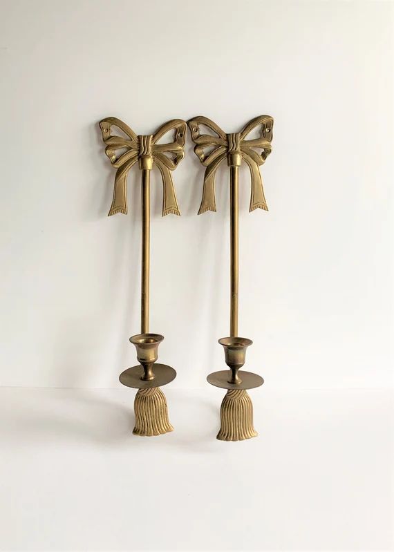 Vintage brass bow and tassel wall mount hanging candle stick holders - set pair two 2 | Etsy (US)