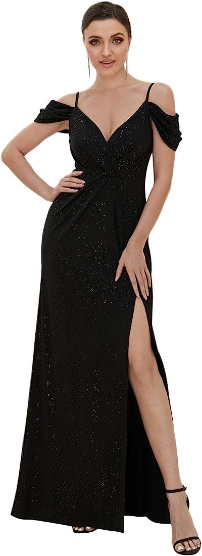 Women's Long Side Slit Glitter Off Shoulder V-Neck Spaghetti Straps Evening Gowns 50088 | Amazon (US)