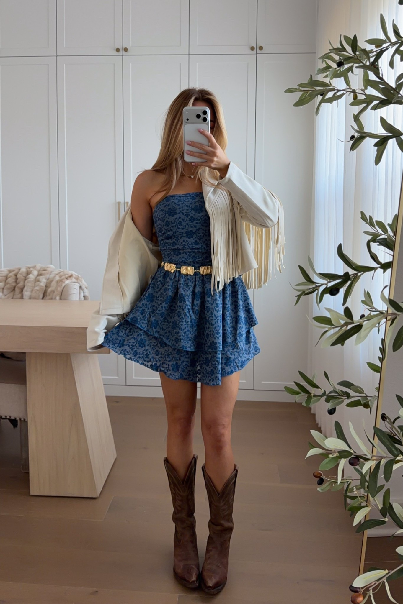 dress: xs // jacket: small — thought this amazon strapless would be so cute to a concert! paired it with this fringe jacket i also found on amazon! 🤠🎸🎶