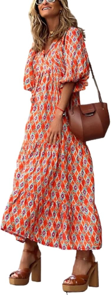 Womens Floral Print Puff Sleeve Maxi Dress 2023 Fall Oversized Casual Flowy Ruffle Streaks Patter... | Amazon (US)