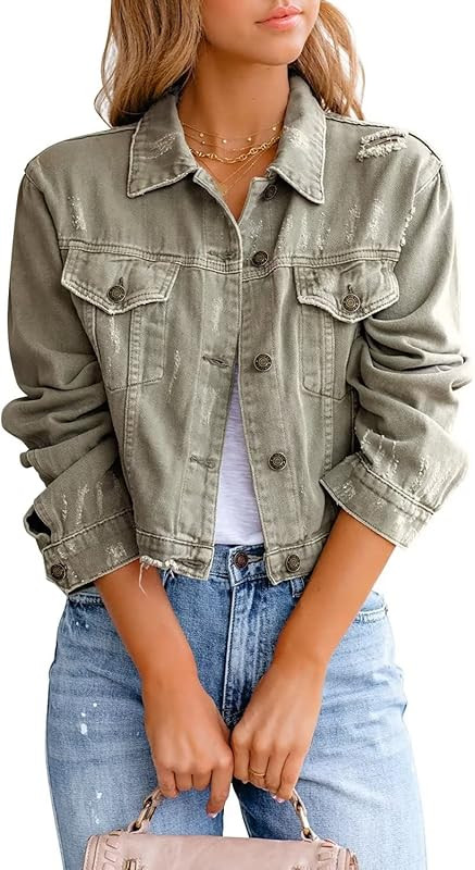 ZOLUCKY Womens Denim Jacket Distressed Frayed Ripped Jean Jacket Casual Button Down Light Jackets | Amazon (US)