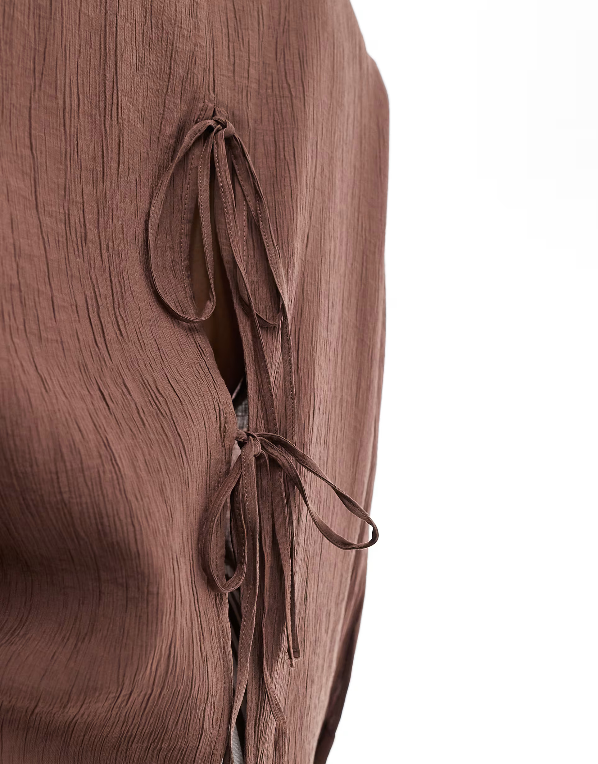 Bershka crinkle oversized shirt with tie back  in chocolate | ASOS (Global)