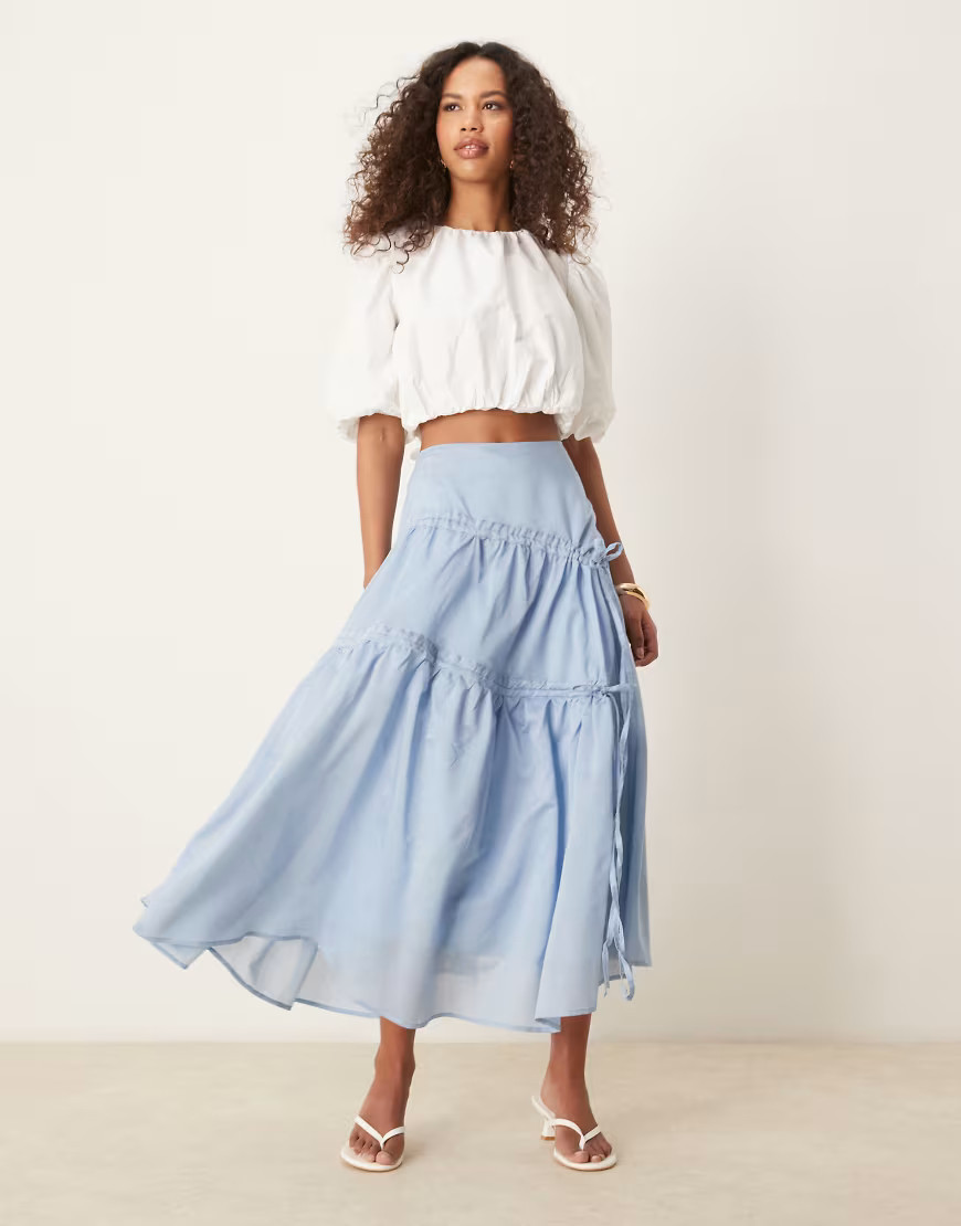 Ghospell ruched midi skirt in sky blue | ASOS (Global)