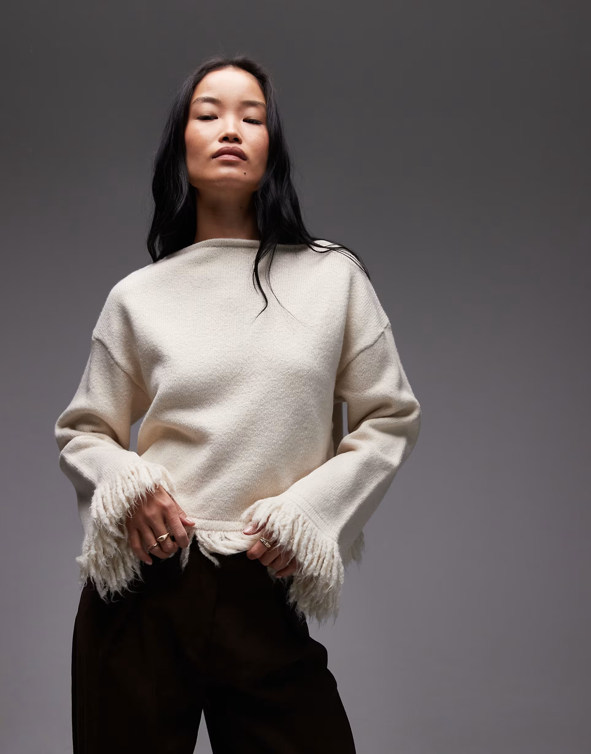 ASOS DESIGN knitted oversized tassel jumper in ecru | ASOS (Global)