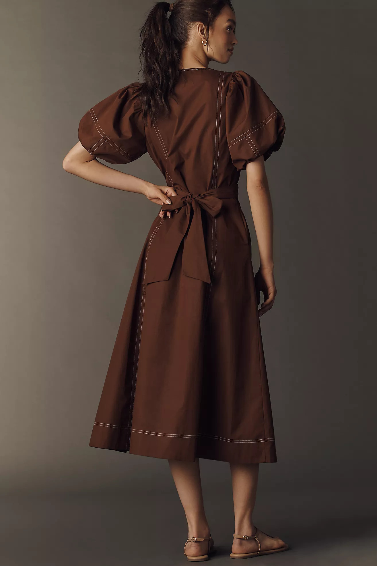 Exquise Stitched Puff-Sleeve Midi Dress | Anthropologie (US)